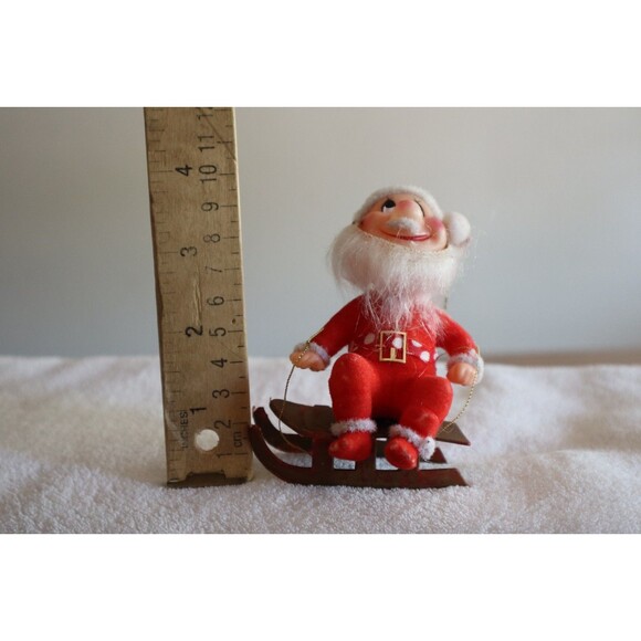 Vtg Christmas Chubby Cheeks Flocked Santa Claus Figure Ornament Plastic Sled 4" - Picture 2 of 11
